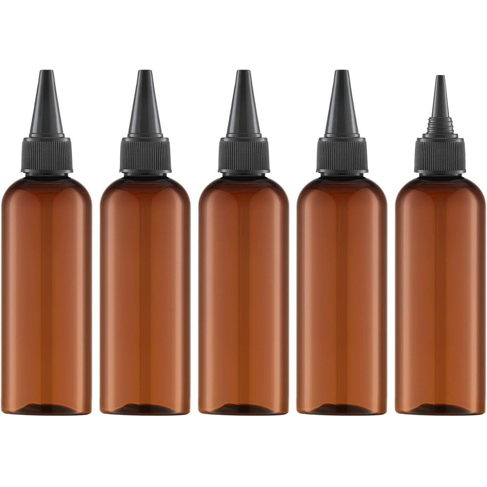 Tekson hair color applicator bottles five pack front view showcasing amber plastic body and black twist top caps.