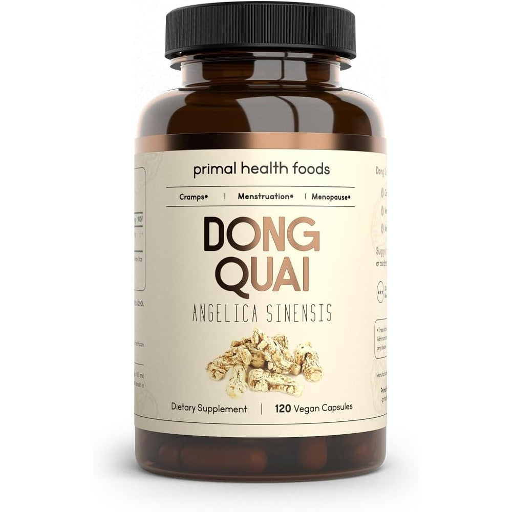 Primal Health Foods Organic Dong Quai 1000mg 60 vegetarian capsules front bottle view for female hormone balance