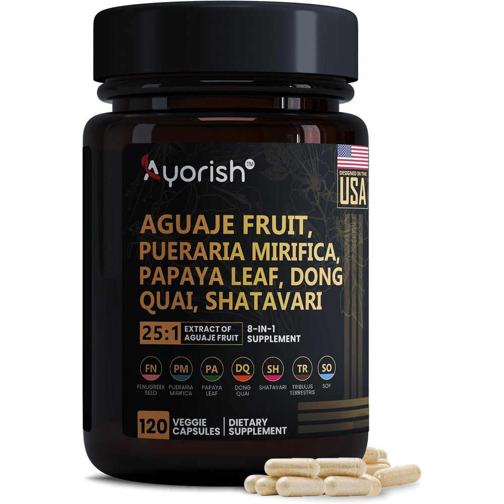 Ayorish Aguaje Fruit 1000mg bottle front view showing 120 veggie capsules for women's health.