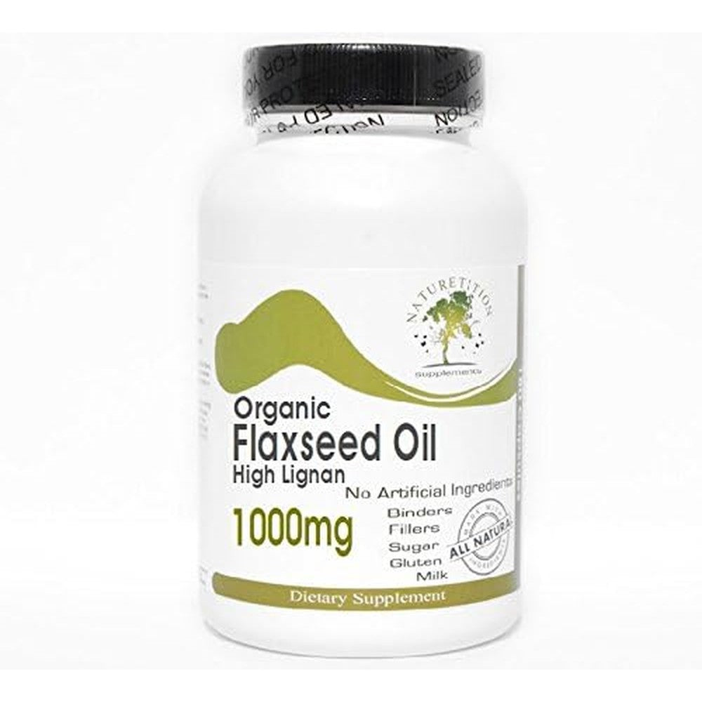 Naturetition Supplements Organic Flaxseed Oil 1000mg bottle front view showing high lignan Omega 3 health supplement details.