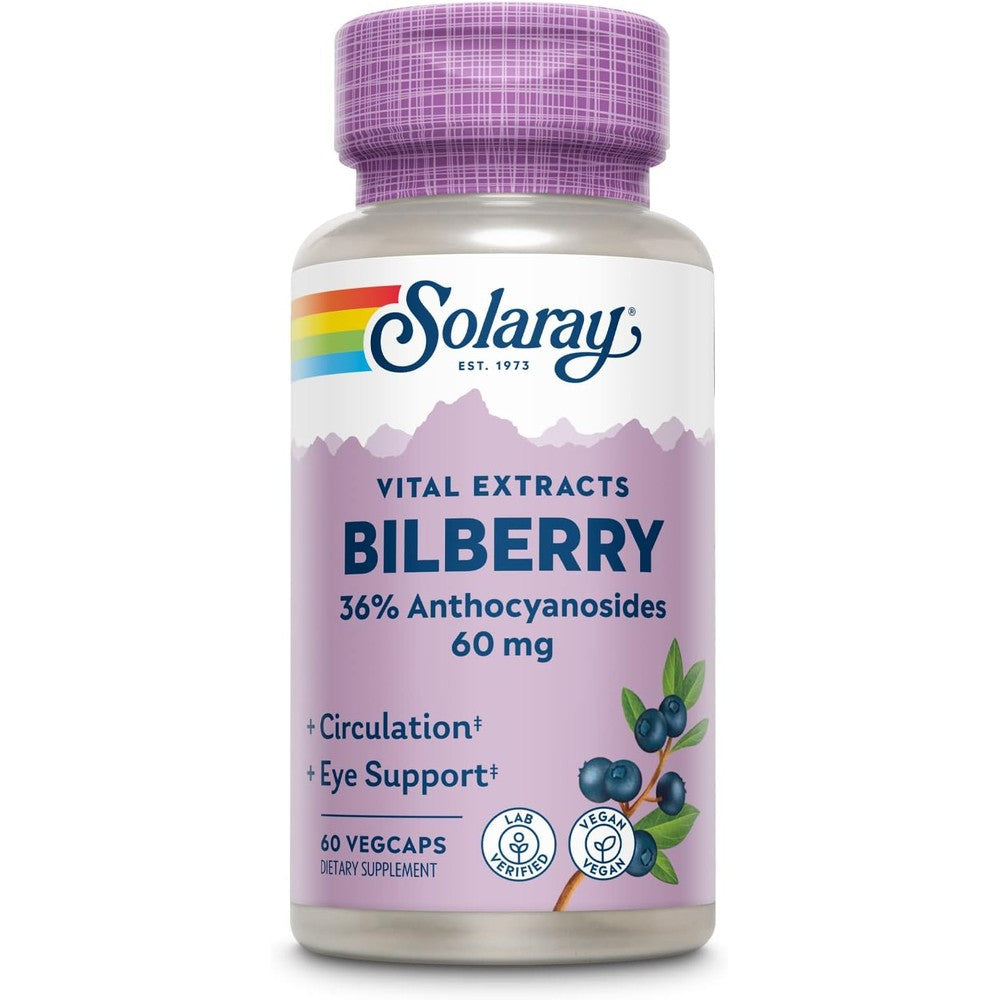 Solaray Bilberry Berry Extract 60 mg front view bottle for eye health support