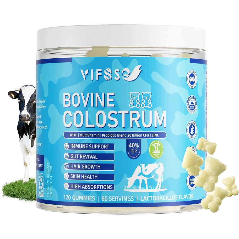 Vifssg Grass Fed Bovine Colostrum 120 Gummies front bottle view for immune support