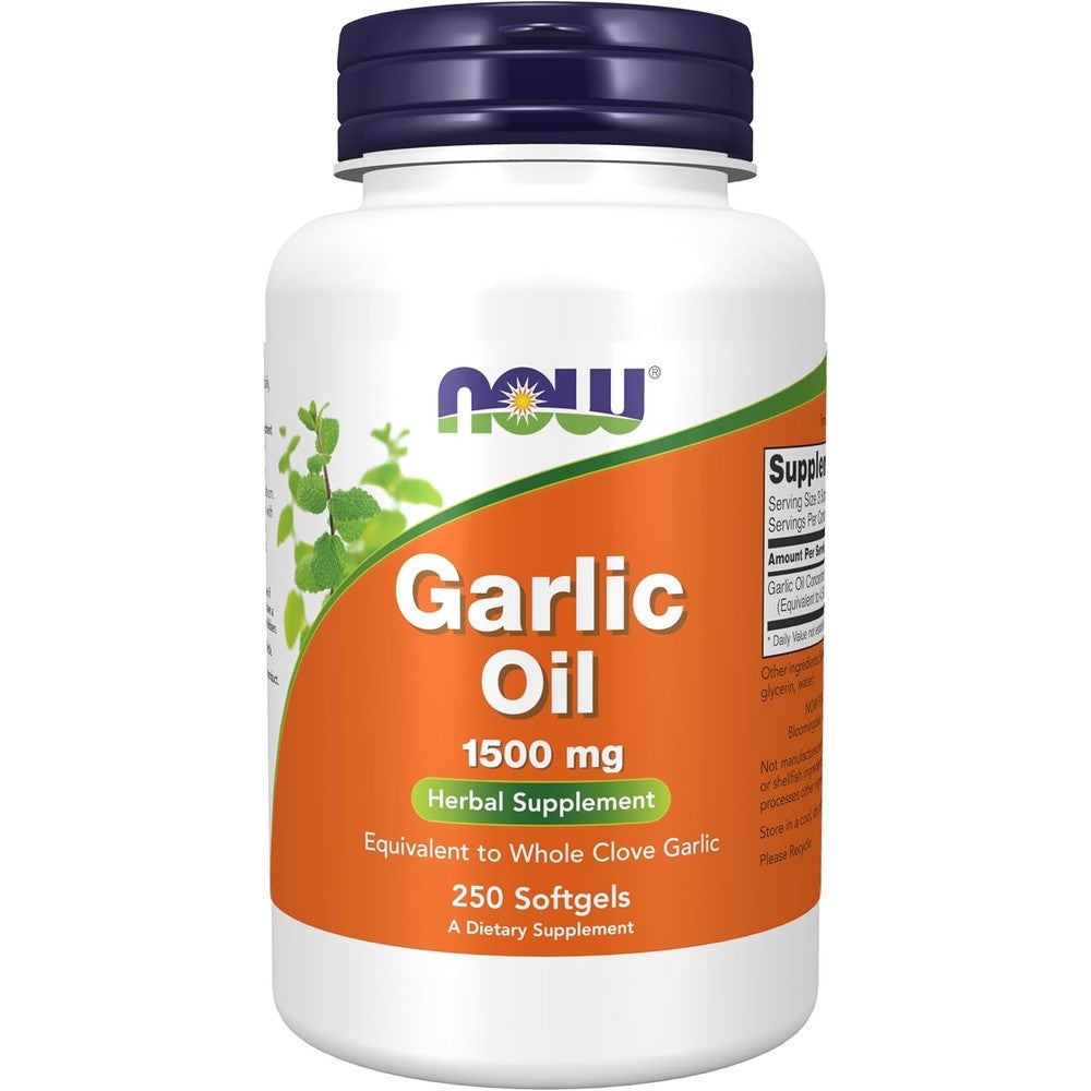 NOW Foods Garlic Oil 1500mg 250 Softgels front bottle view showing immune support supplement benefits.