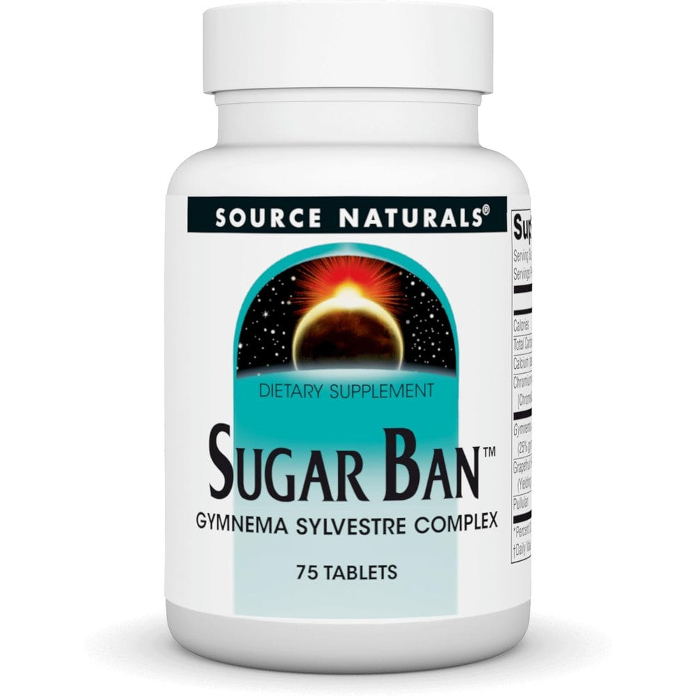 Source Naturals Sugar Ban Gymnema Sylvestre Complex 75 tablets front view bottle packaging for healthy sugar management