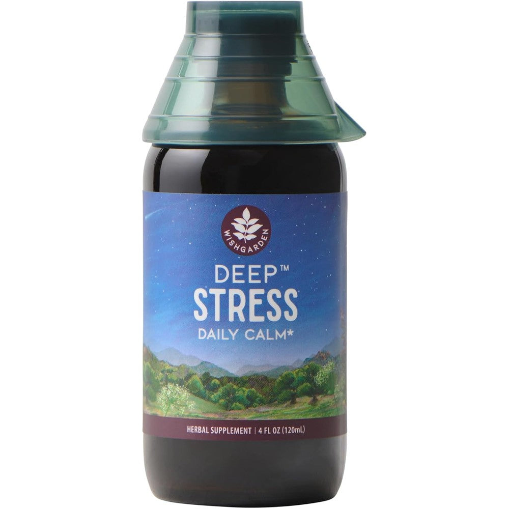 WishGarden Herbs Deep Stress Ashwagandha liquid tincture four fluid ounce front bottle view for natural adrenal support.