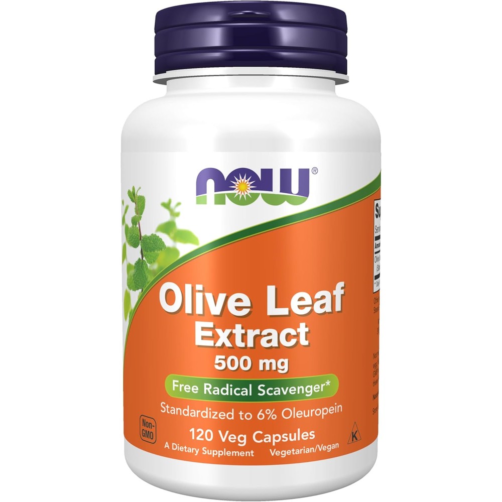 NOW Foods Olive Leaf Extract 500 mg 120 vegetarian capsules front bottle view for immune support.