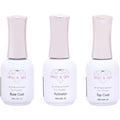 Virgo and Gem three piece dipping powder liquid set front view showing base activator and top coat bottles