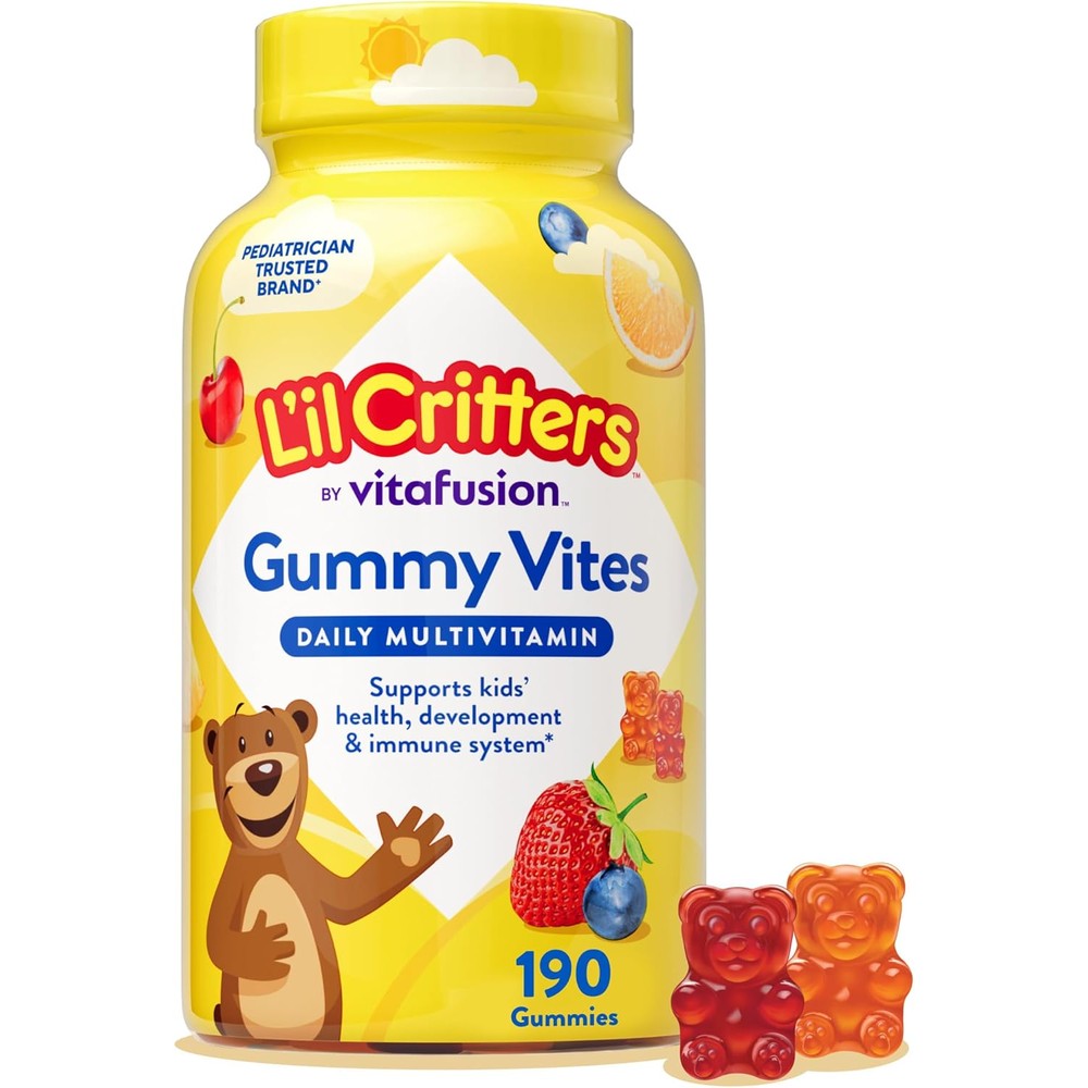 Lil Critters 190 Gummy Vites bottle with assorted fruit shapes for overall health