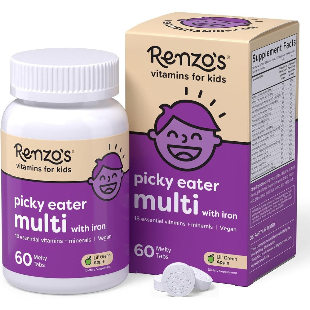 Renzo's Picky Eater Kids Multivitamin with Iron front view of 60 count bottle