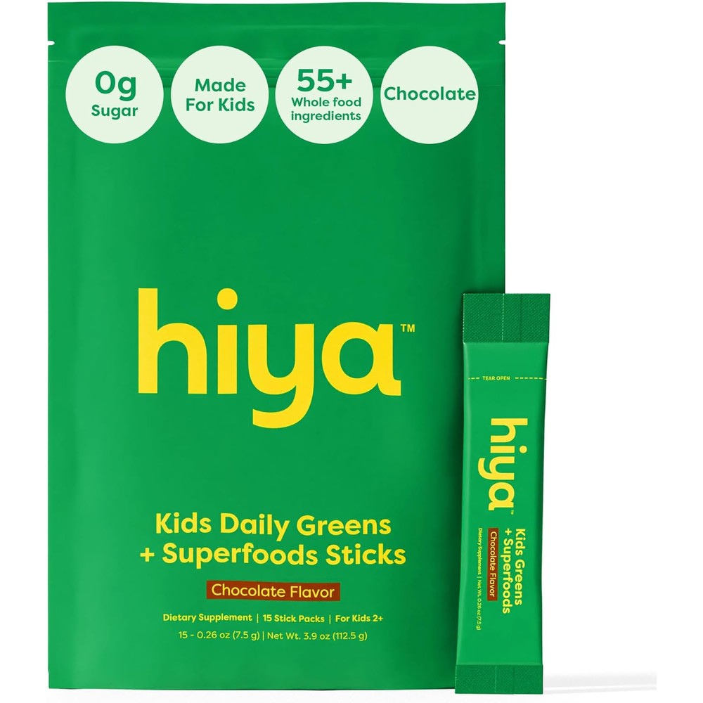 Hiya kids greens powder sticks chocolate flavor with 55 superfood ingredients