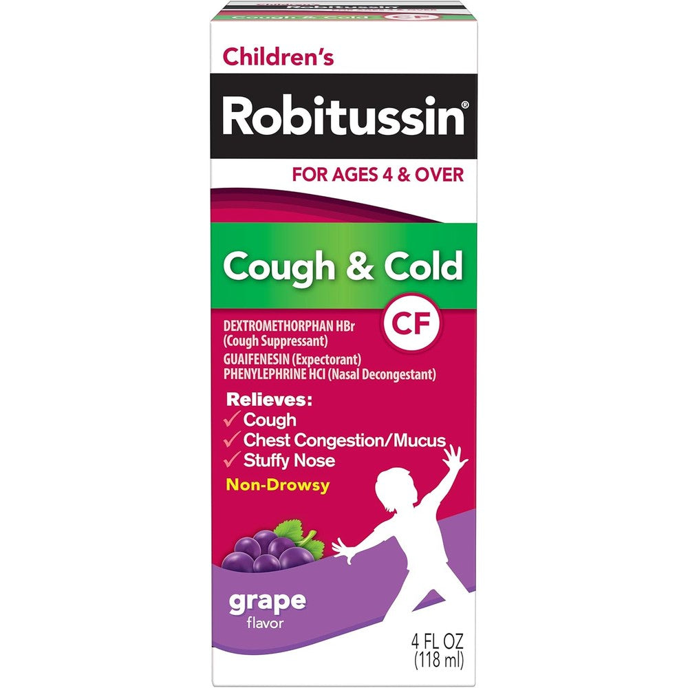 Robitussin Children's CF Cough and Cold Relief front bottle view for pediatric respiratory care.