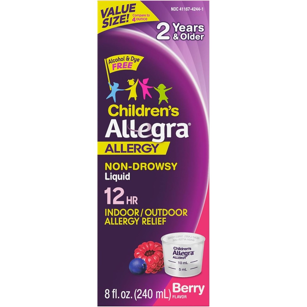 Allegra Children's 12 Hour Allergy Relief Liquid front view for kid's antihistamine needs.