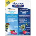 Mucinex Children's Multi-Symptom Day and Night Liquid front view of berry flavored medicine bottles.