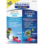 Mucinex Children's Multi-Symptom Day and Night Liquid front view of berry flavored medicine bottles.