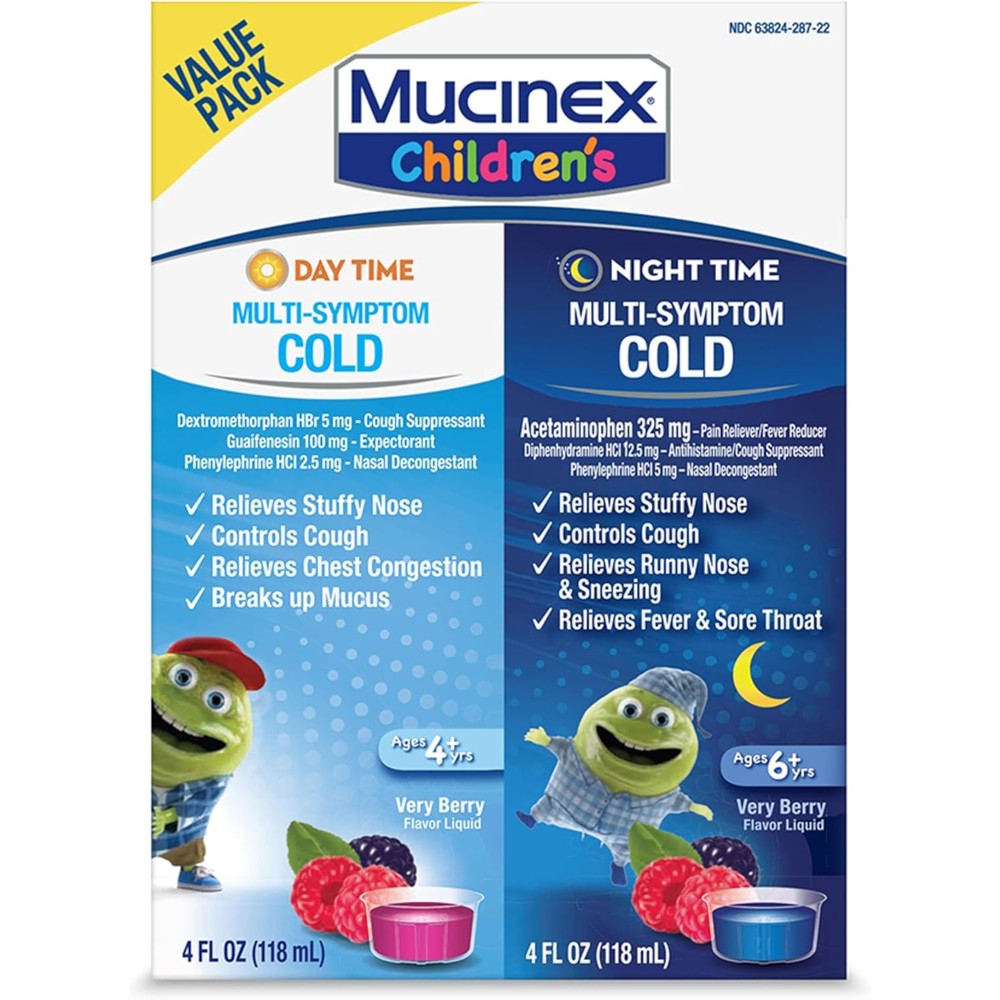 Mucinex Children's Multi-Symptom Day and Night Liquid front view of berry flavored medicine bottles.