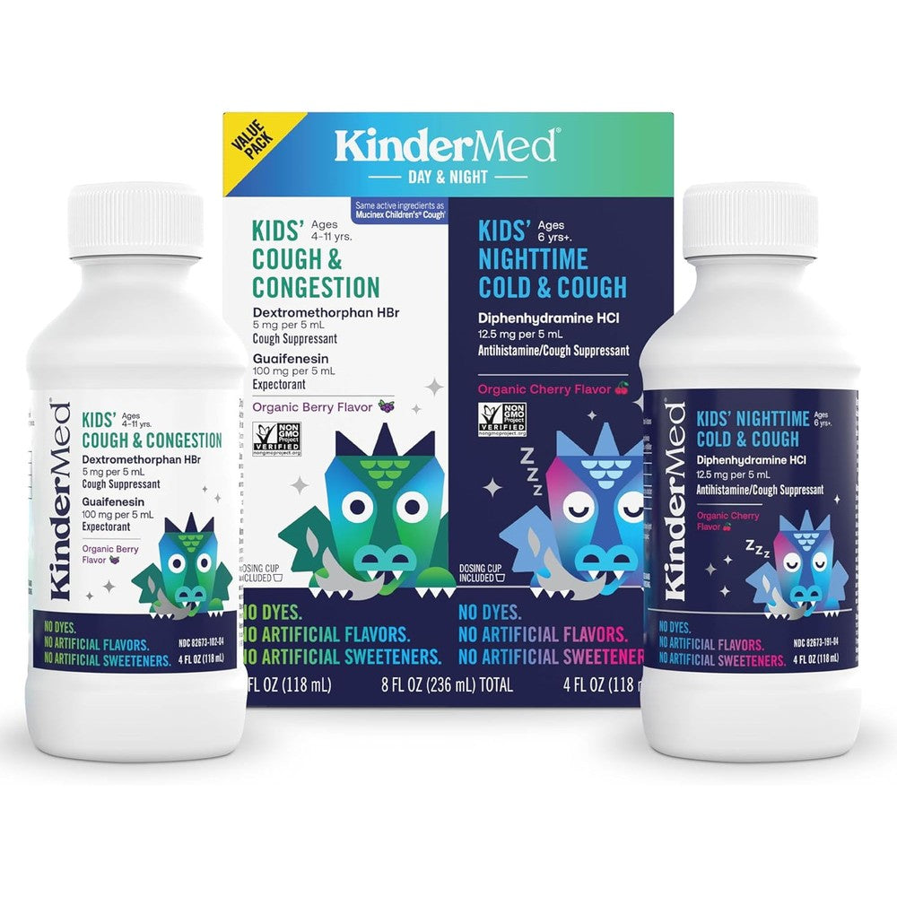 KinderMed Kids Cough Day and Night Value Pack front packaging showing two bottles.