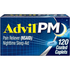 Advil PM Pain Reliever and Nighttime Sleep Aid 120 Coated Caplets front bottle view.