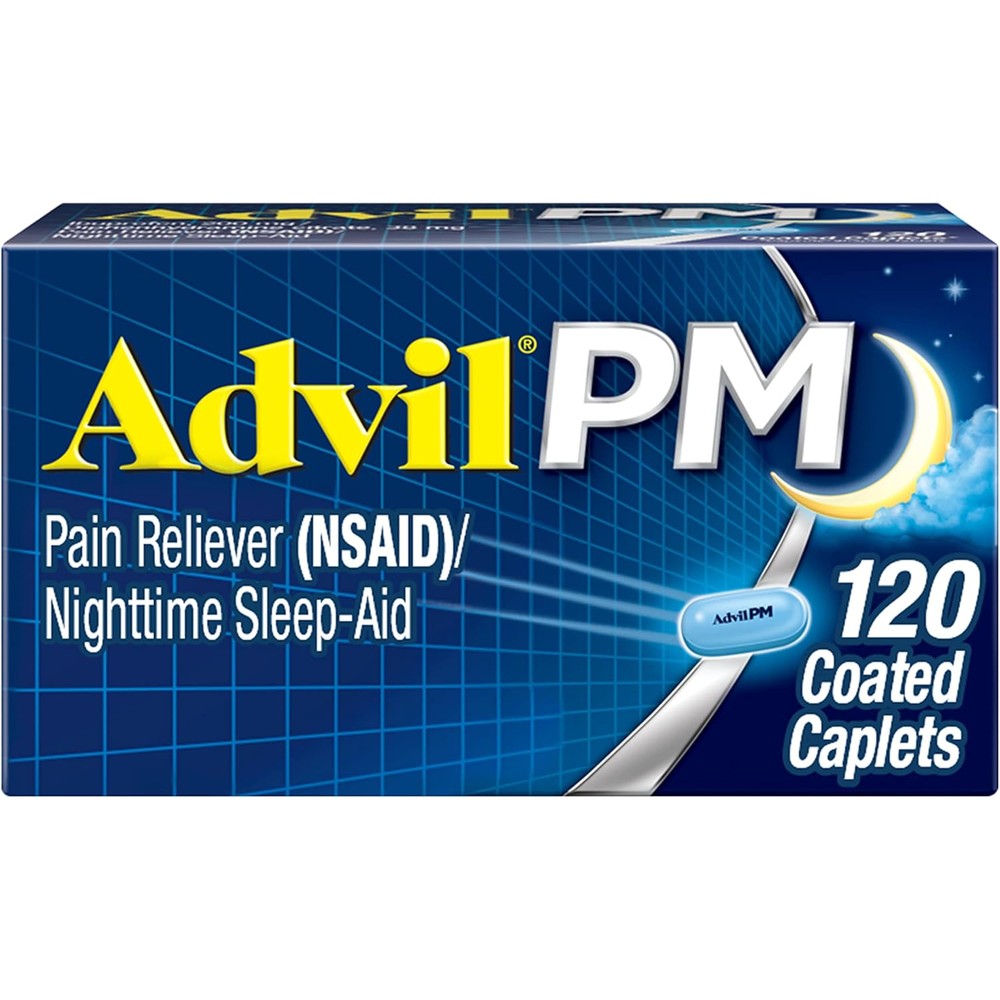 Advil PM Pain Reliever and Nighttime Sleep Aid 120 Coated Caplets front bottle view.