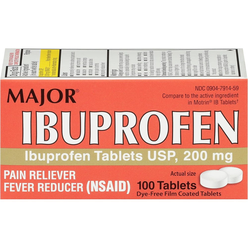 Major Dye Free Ibuprofen 200mg 100 Coated Tablets front view bottle for pain relief