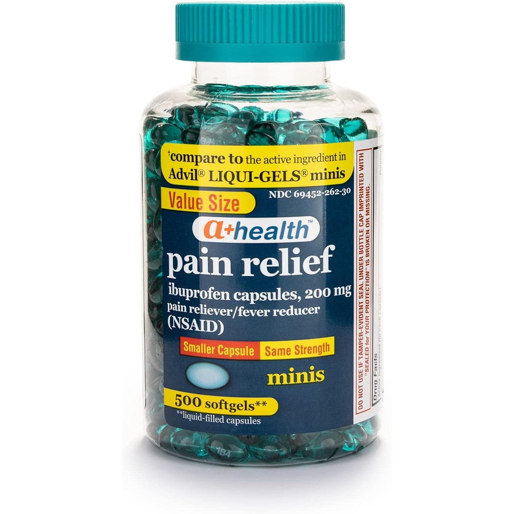 A+Health Mini Ibuprofen 500 count bottle front view authentic USA pain reliever.