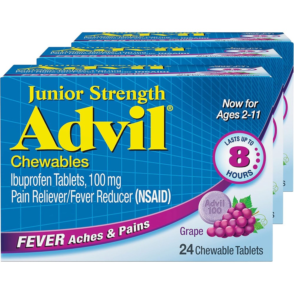Advil Junior Strength Chewable Ibuprofen front view for kids fever relief.
