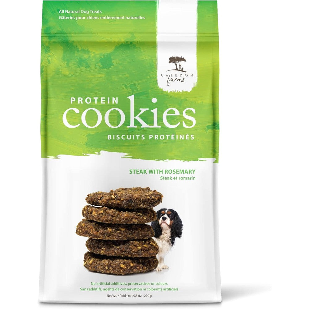 Caledon Farms Steak and Rosemary Protein Cookies front packaging showing soft dog treats.
