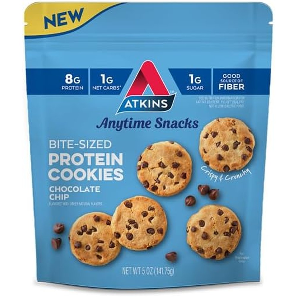 Atkins Anytime Snacks Chocolate Chip Protein Cookies front pouch view high protein snack.