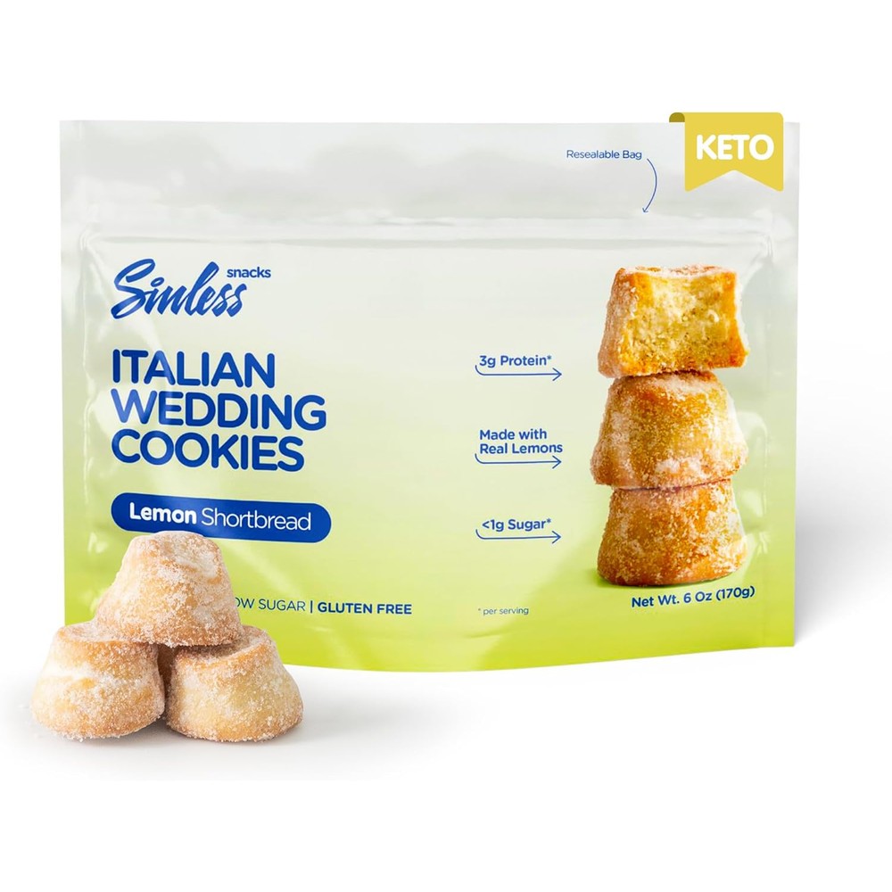 Sinless Snacks Keto Cookie Italian Wedding Lemon pouch front view.
