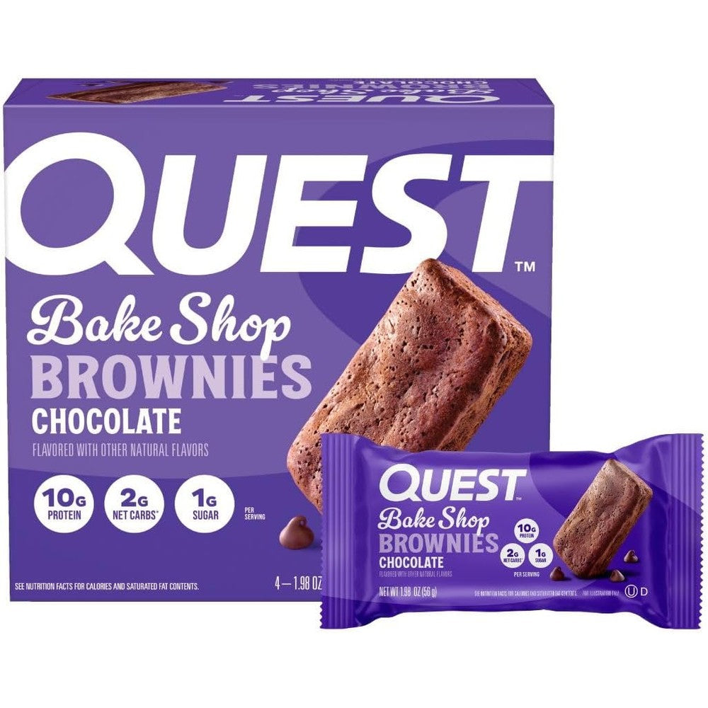 Quest Nutrition Bake Shop Chocolate Brownies 4 Count box front view high protein snack.