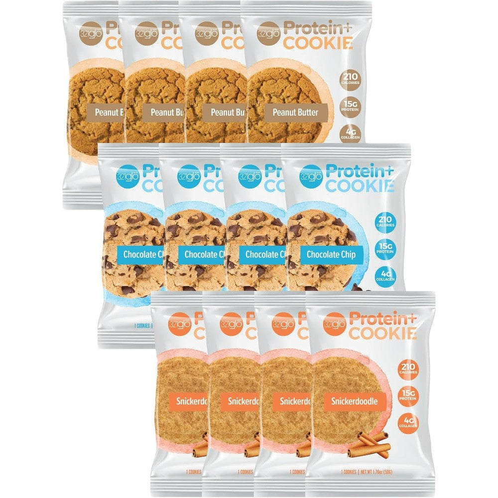 321glo Protein Plus Cookies variety pack front view showing chocolate chip and peanut butter flavors.
