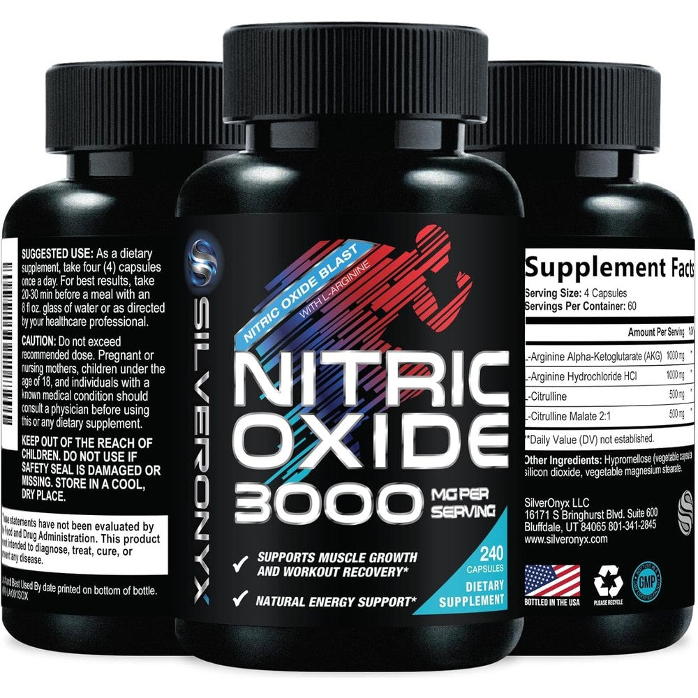 SilverOnyx Extra Strength Nitric Oxide Booster 3000mg bottle front view for muscle pumps.
