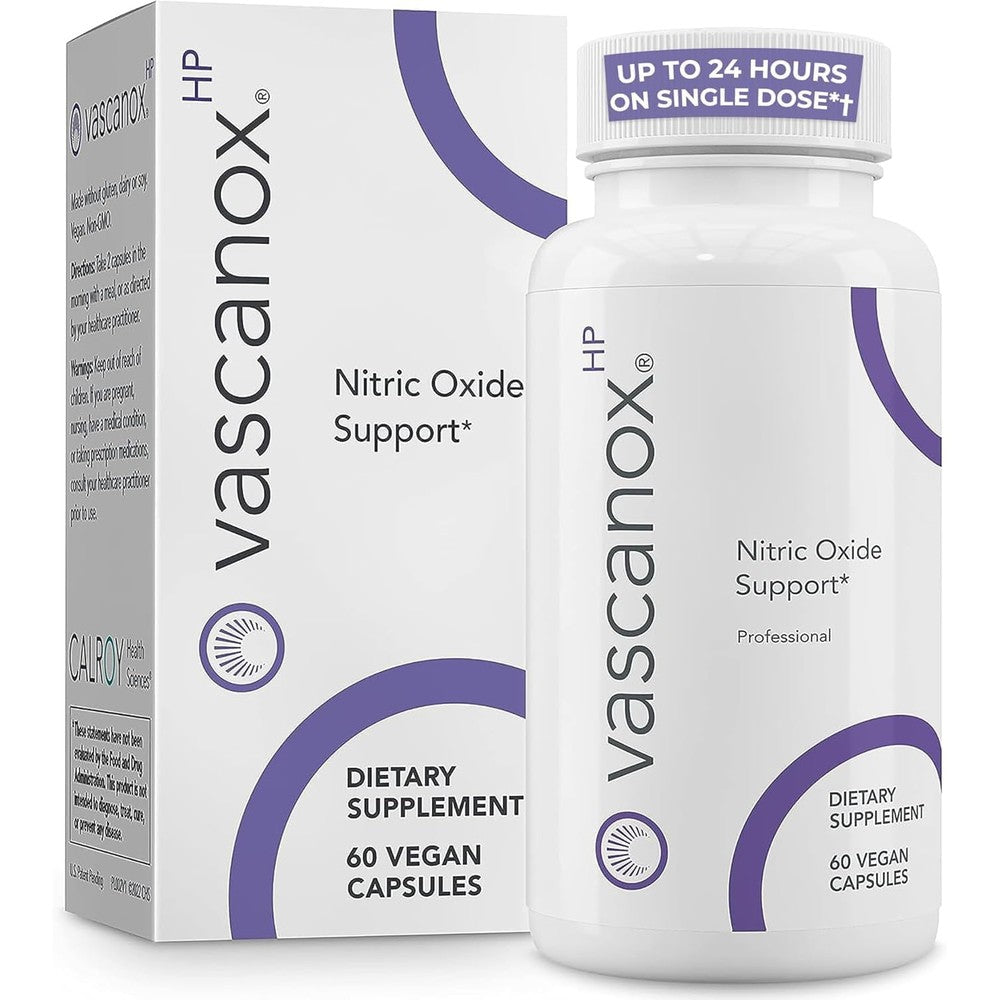Calroy Health Sciences Vascanox HP 60 capsules front view for nitric oxide support.