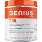 The Genius Brand Genius Pre Workout Blue Raspberry front view supplement tub