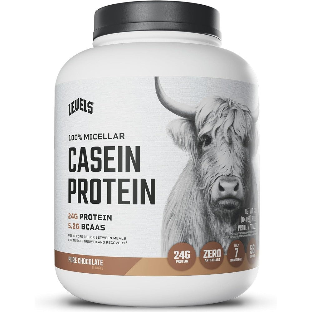 Levels Nutrition Micellar Casein Protein Chocolate 4 Pound front view slow release supplement