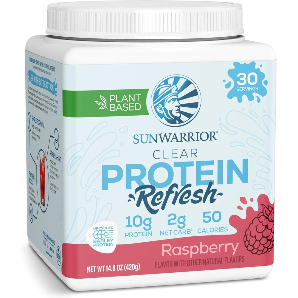 Sunwarrior Clear Protein Refresh Raspberry tub front view for vegan hydration