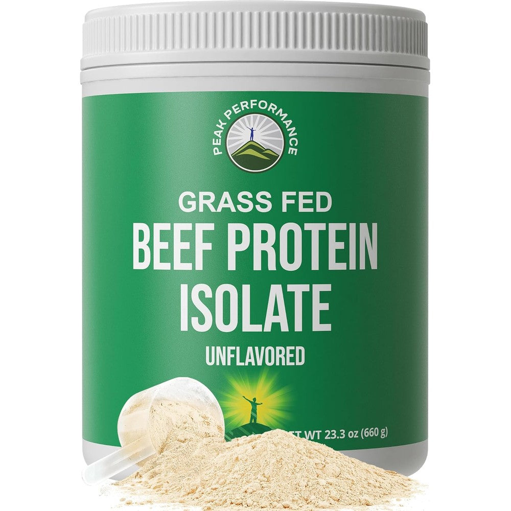 Peak Performance Grass Fed Beef Protein Isolate front label view for muscle building