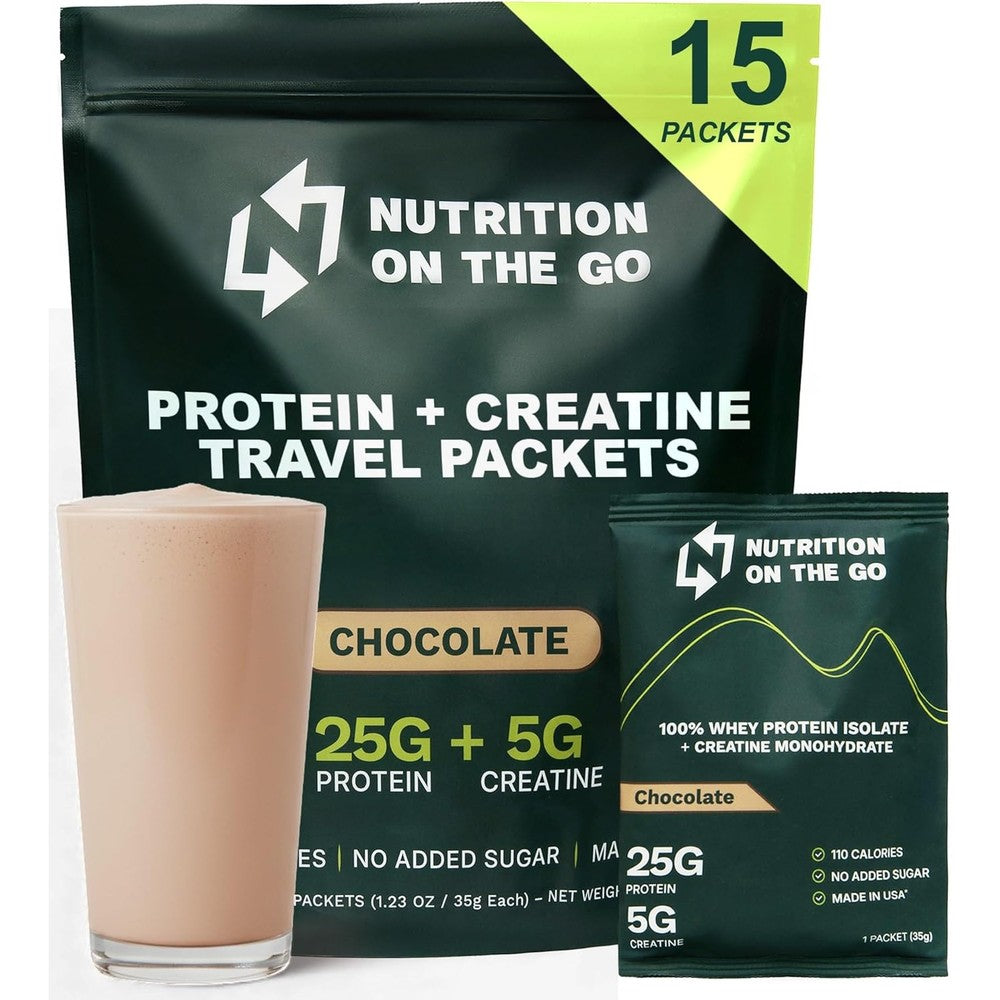 Nutrition On The Go Whey Protein Isolate and Creatine Chocolate packets front view for muscle gain