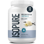 Isopure Protein + Gut Health Vanilla Creme tub front view authentic imported whey isolate