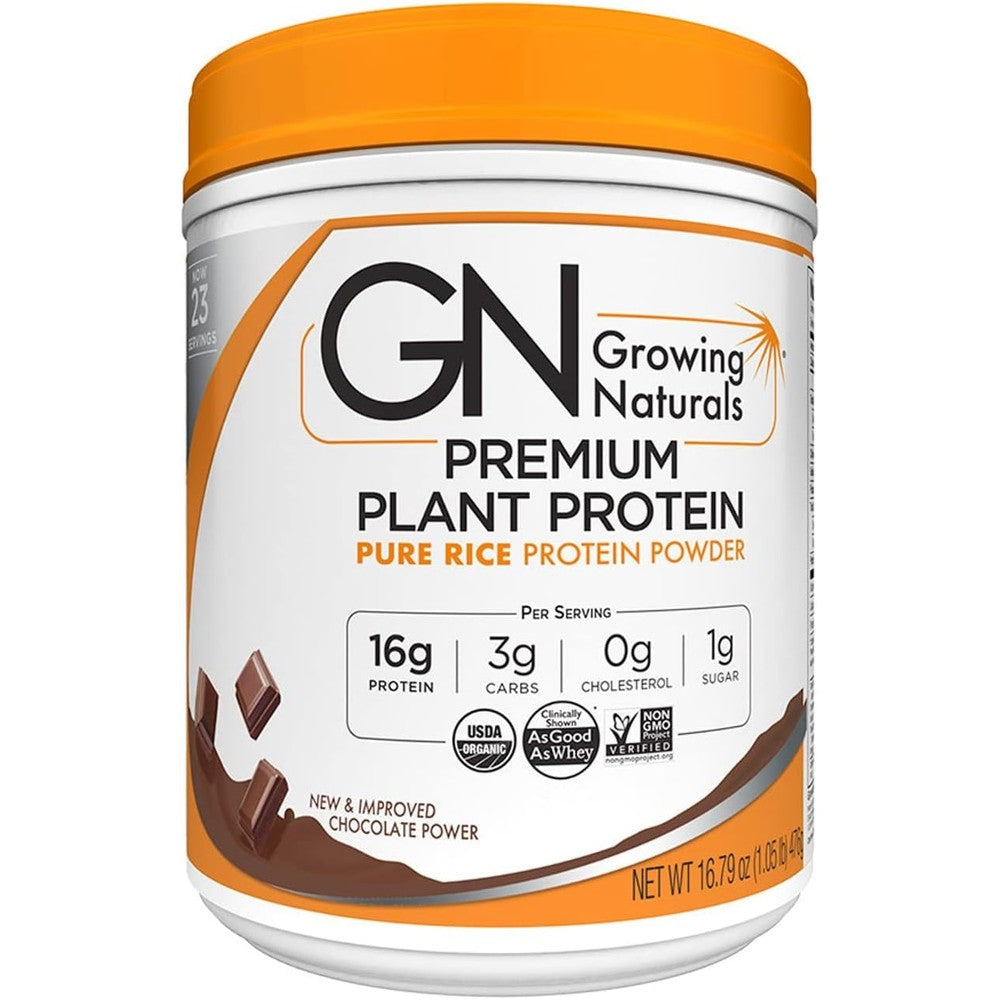 Growing Naturals Organic Rice Protein Chocolate Power tub front view for vegan muscle building.