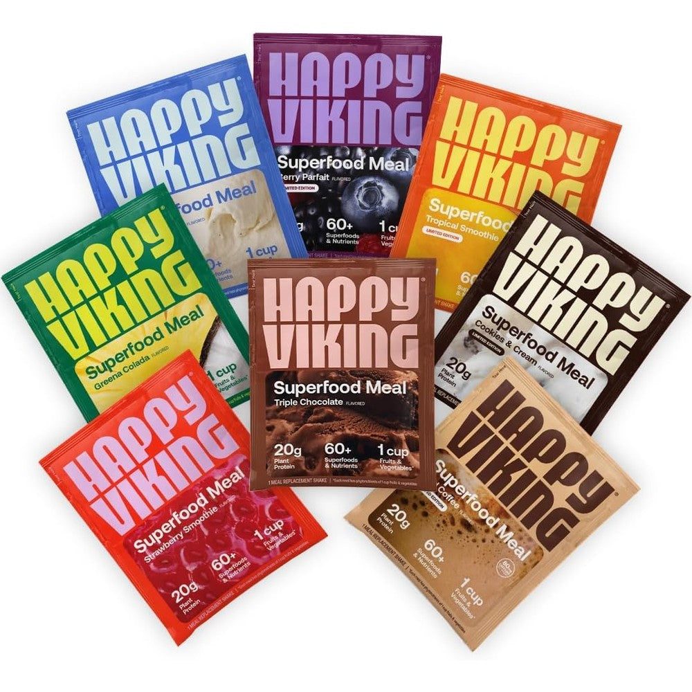 Happy Viking Variety Pack Plant Protein Powder front packaging showing Venus Williams branding.