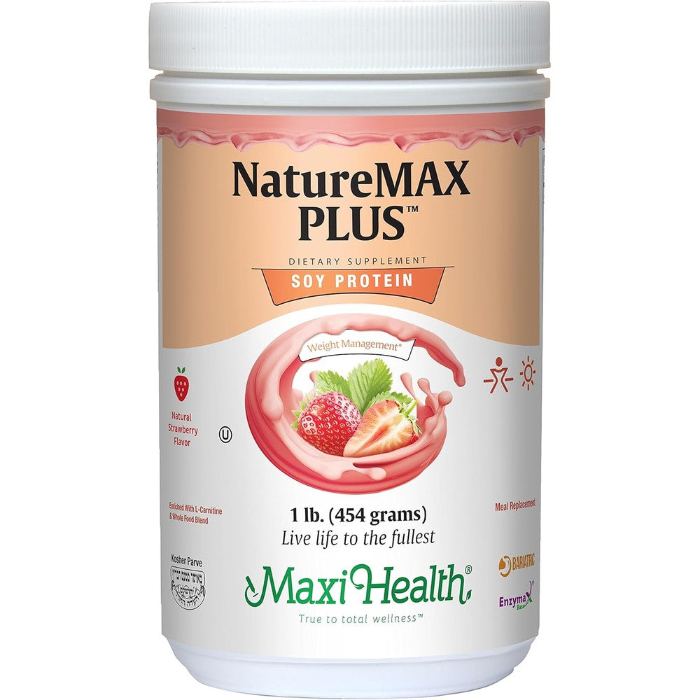 Maxi Health Naturemax Plus Strawberry soy protein powder jar front view for energy support.