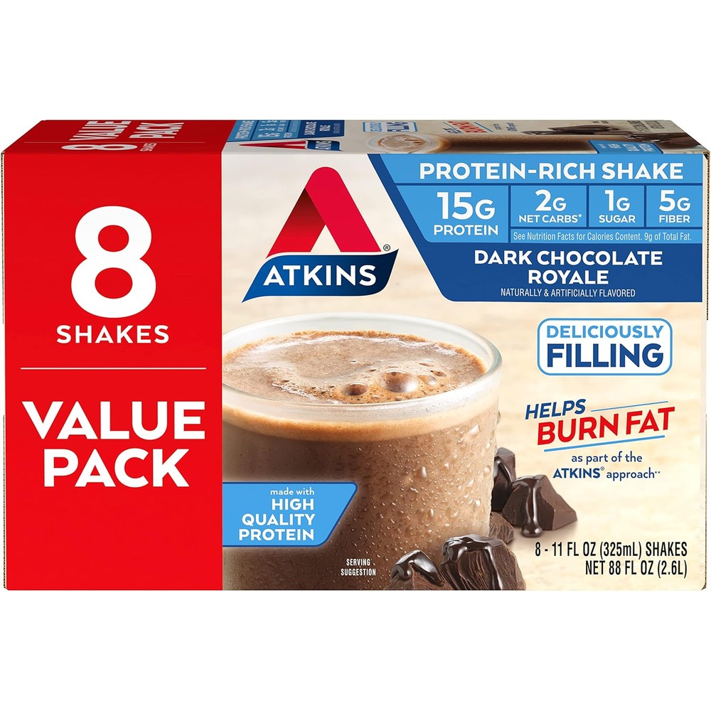 Atkins Dark Chocolate Royale Protein Rich Shake front view for keto dieting.