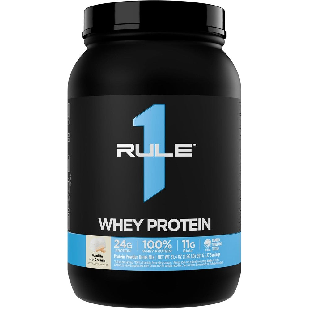 Rule 1 Proteins R1 Whey Blend Vanilla Ice Cream front view authentic protein supplement.