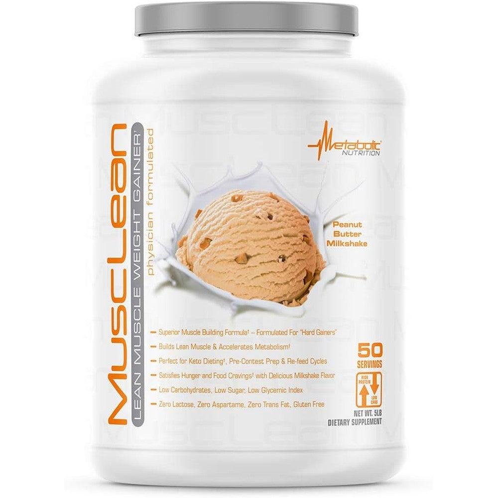 Metabolic Nutrition MuscLean Peanut Butter Milkshake 5 Pound tub front view for lean muscle gain.