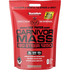 MuscleMeds Carnivor Mass Big Steer 1250 Chocolate 15 Pound bucket front view showing beef protein isolate label.