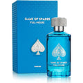Jo Milano Game of Spades Full House perfume bottle front view showing blue glass and silver spade emblem.