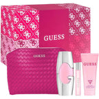 Guess Women Four Piece Gift Set featuring perfume bottles lotion and pink logo cosmetic pouch front view