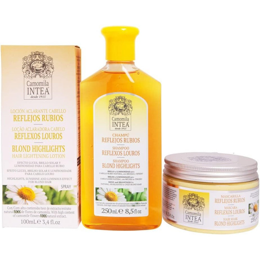Intea Camomile Blonde Reflections Hair Lightening Treatment Kit front view showing the lotion bottle shampoo tube and mask jar packaging