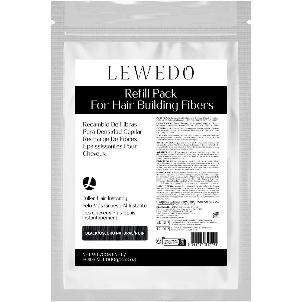 Lewedo Hair Building Fibers Refill Pack 100g front view showing black color label