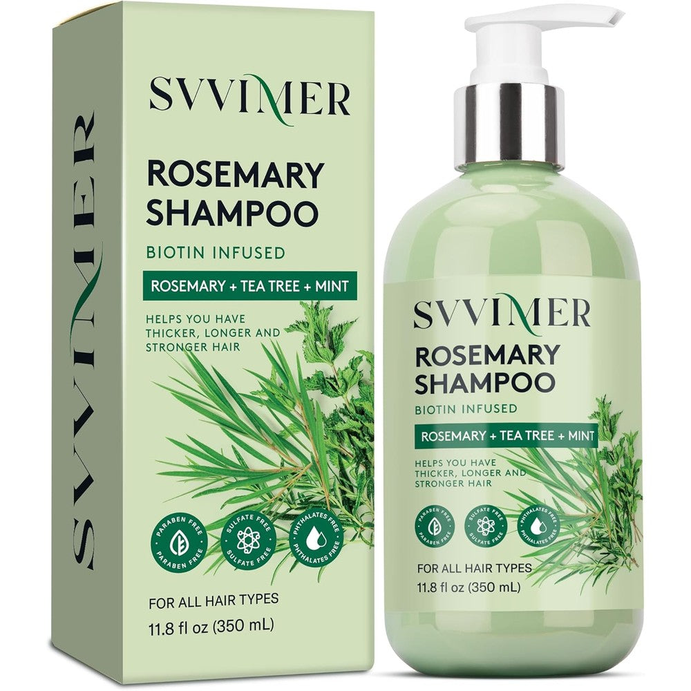 Svvimer Rosemary Hair Thickening Shampoo front view of bottle with pump dispenser for hair growth